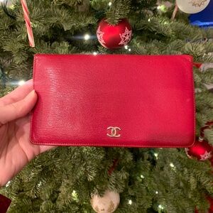 Chanel Classic Long Wallet Red Caviar Leather Gold CC Logo